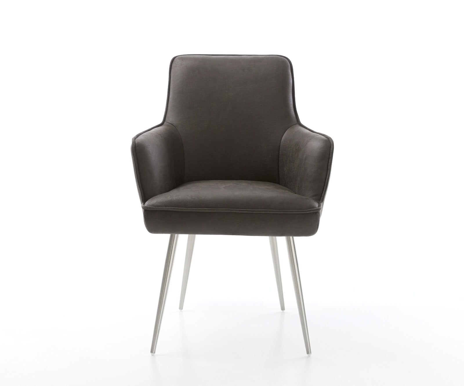 Chaise-de-salle-à-manger Heira-Flex avec accoudoirs microvelours anthracite vintage 4 pieds coniques acier inoxydable brossé ressorts ensachés 1